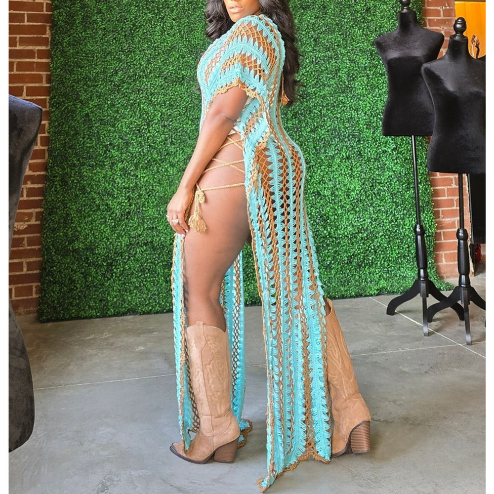 Crochet Maxi Cover Up Dress M/L Blue Brown Knit Boho Festival Cowgirl Beach - Picture 7 of 11